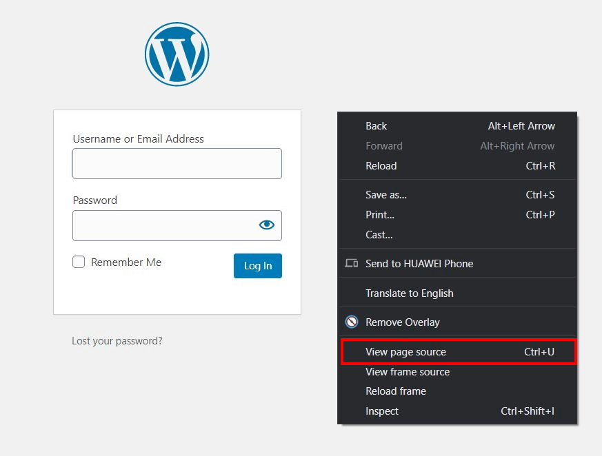 Página de acceso a WordPress: ver código fuente de la página
