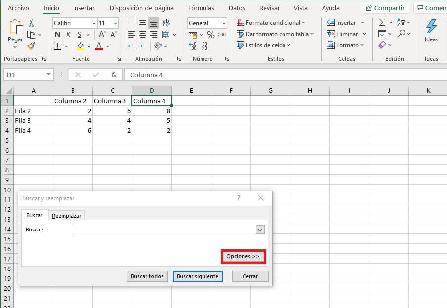 El botón “Opciones”, marcado en rojo, abre las opciones avanzadas de la función de buscar de Excel
