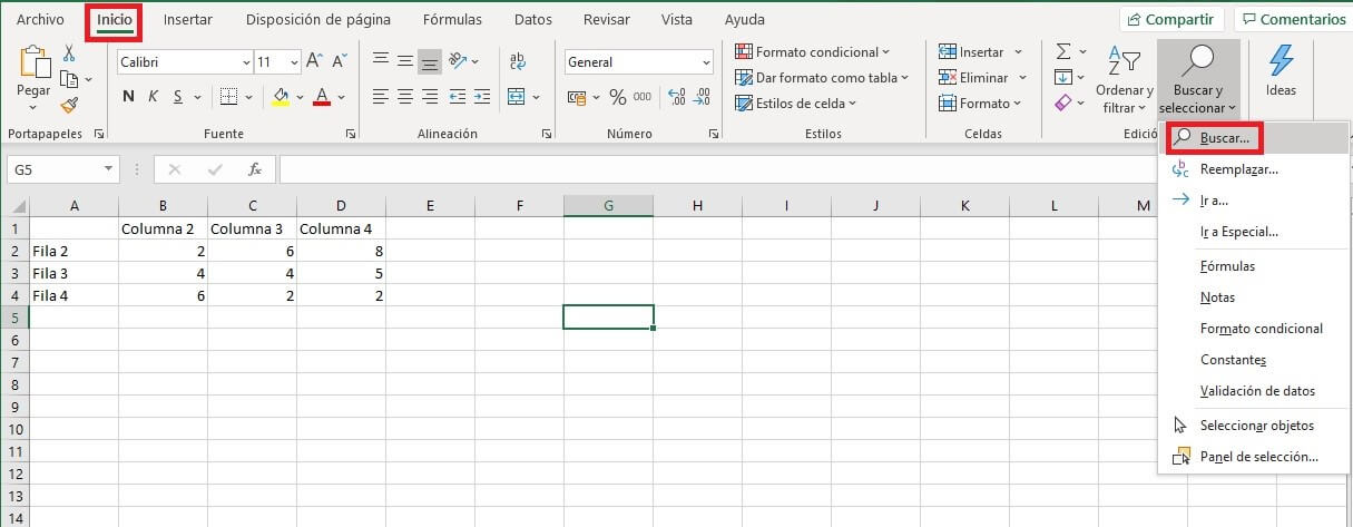 Buscar y reemplazar en Excel: acceso a través del menú