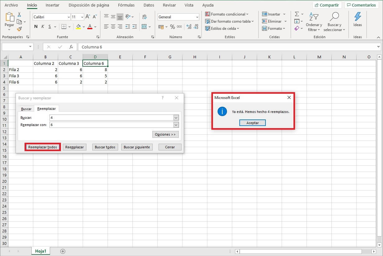 Buscar y reemplazar en Excel: aviso de que el cambio se ha efectuado con éxito