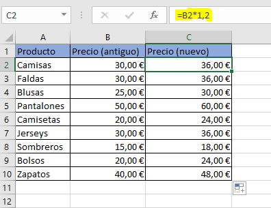 Cálculo de aumento porcentual en Excel