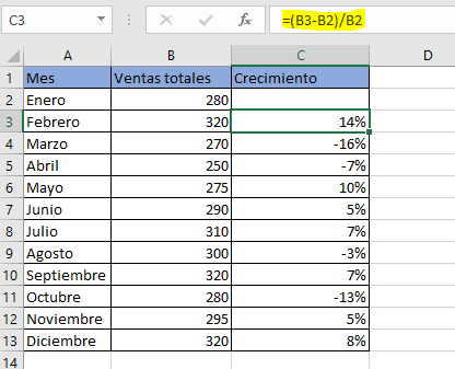 Cálculo del crecimiento porcentual entre dos filas en Excel