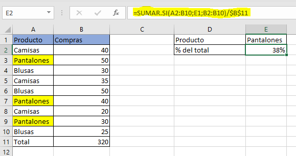 Cálculo de un valor total en Excel con la fórmula SUMAR.SI
