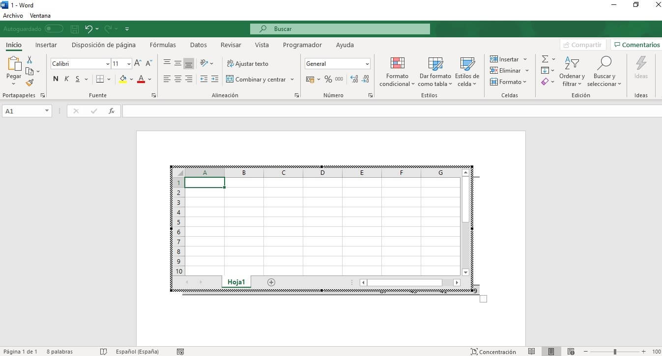 Captura de pantalla de cómo crear una tabla de Excel en Word