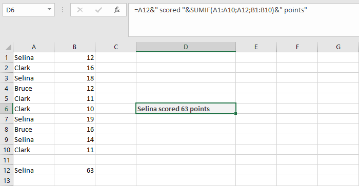 Combinación de CONCATENAR y SUMAR.SI en una tabla de Excel
