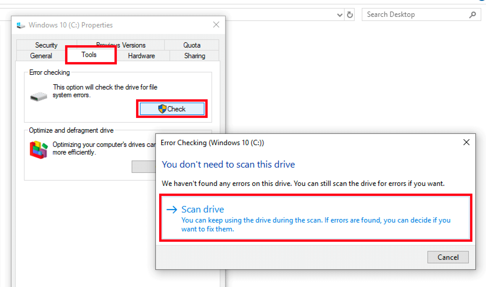 Comprobación de errores en soporte de datos con Windows 10