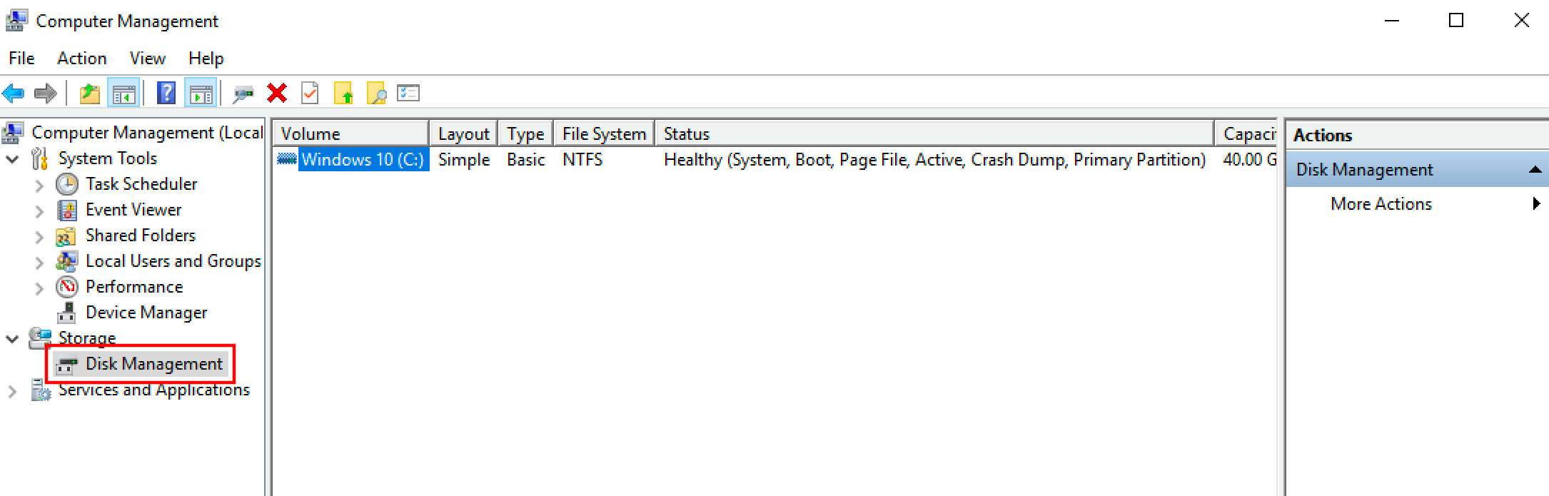 “Administración de discos” en la “Administración de equipos” de Windows 10