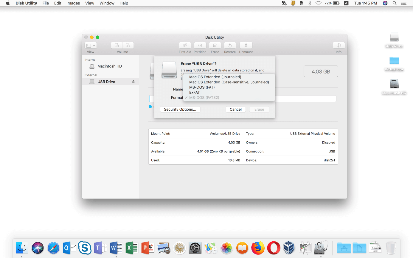 Utilidad de Discos (macOS): selección del sistema de archivos para la unidad USB