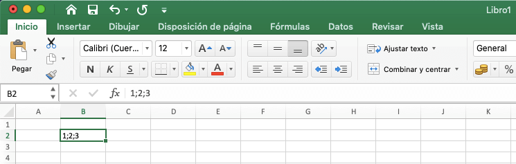Excel 2016: celda de ejemplo con separadores (punto y coma)