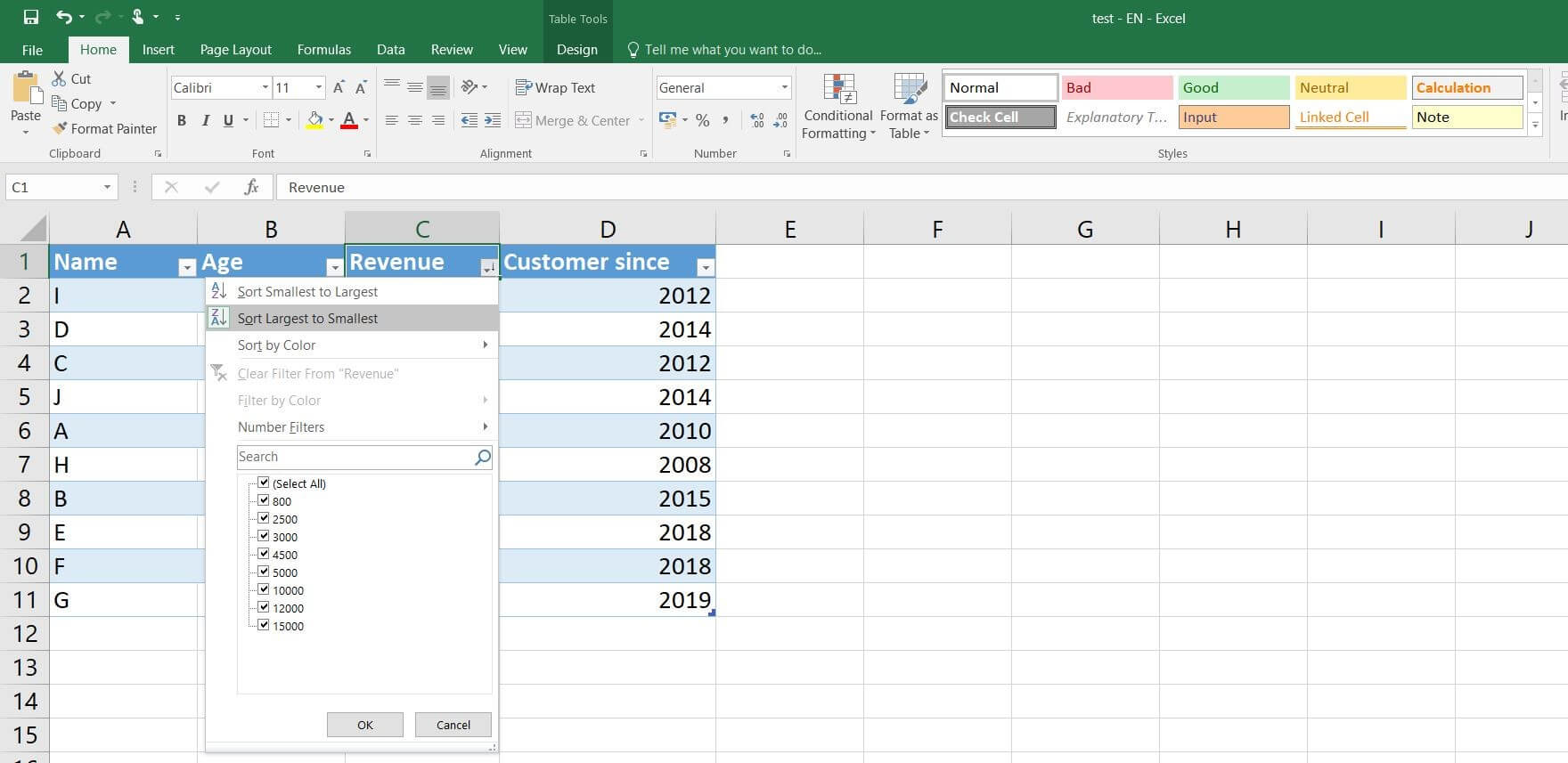 Ventana de selección de la función de ordenación y filtrado de tablas Excel (Excel 2016)
