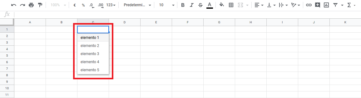 Elementos de una lista desplegable en Google Sheets