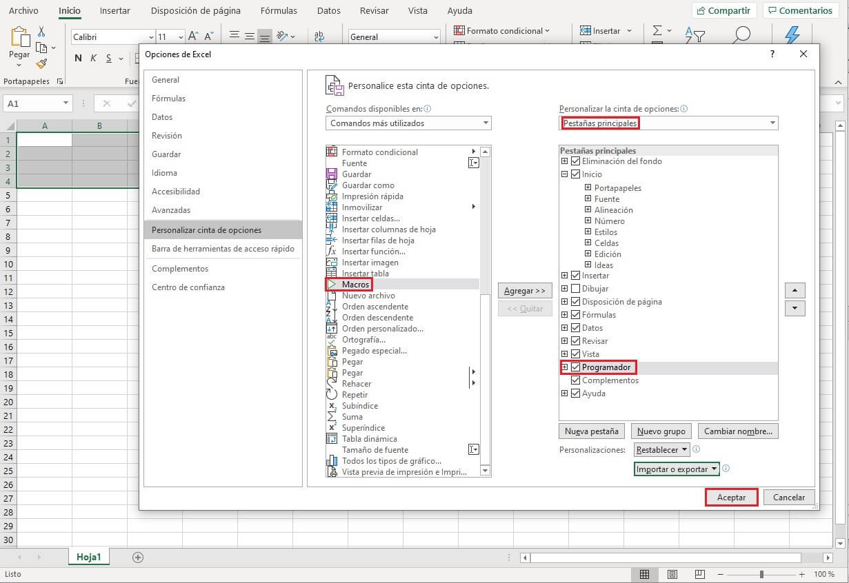 Excel VBA: adaptar la cinta de opciones para que muestre “Desarrollador”.