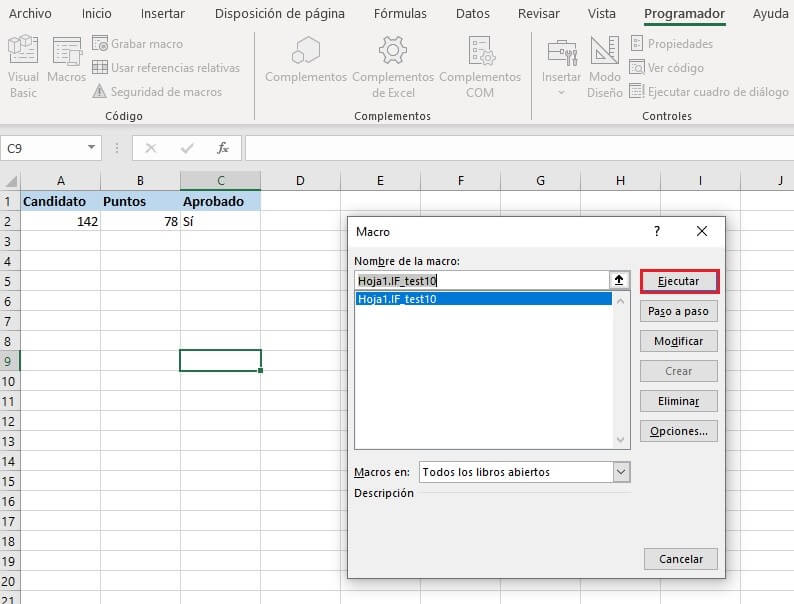 Excel VBA: ejecutar IF_TEST1.