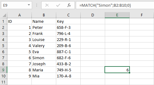 Ejemplo de la fórmula COINCIDIR de Excel