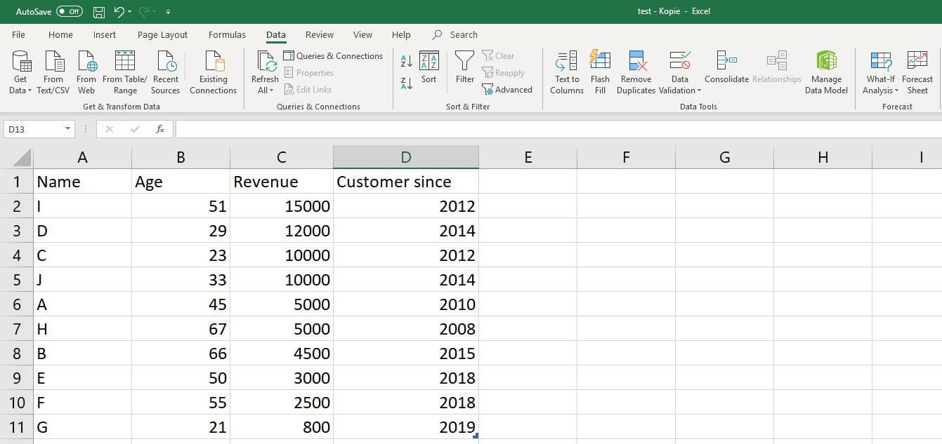 Excel 2016: ejemplo de conjunto de datos