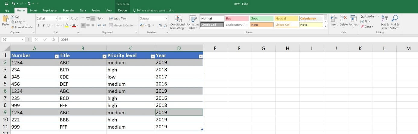 Excel 2016: Tabla de ejemplo con entradas idénticas