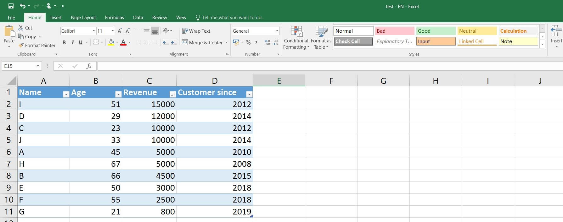 Excel 2016: tabla en Excel formateada