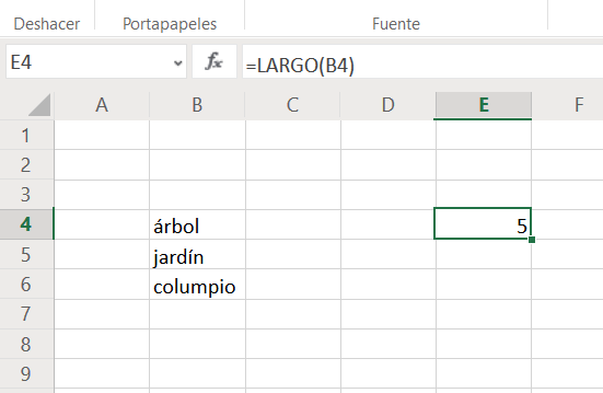Función LARGO de Excel con referencia a la primera celda 