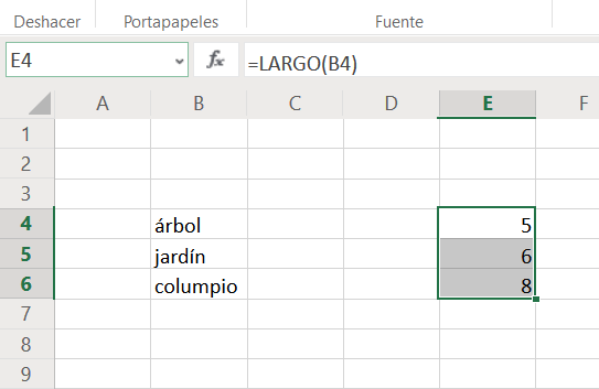 Excel: función LARGO aplicada a un rango de celdas 