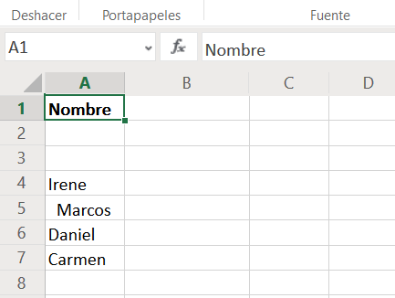 Excel: conjunto de datos dispuestos de forma poco limpia y con espacios sobrantes 