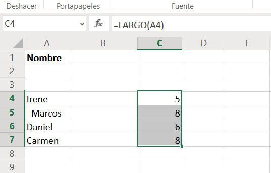 Excel: comprobar el número de caracteres con la función LARGO 