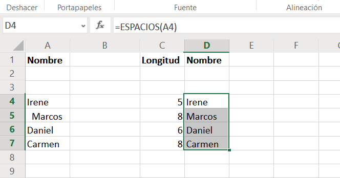 Conjunto de datos tras corregir la disposición en Excel 
