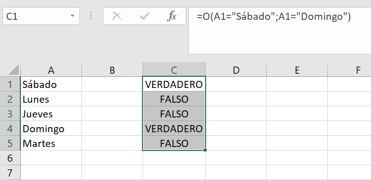 Función de Excel O con más de una condición en formato de texto.