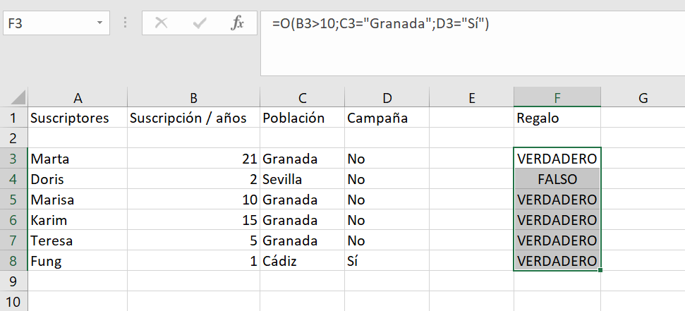Función de Excel O con categorías definidas por el usuario.