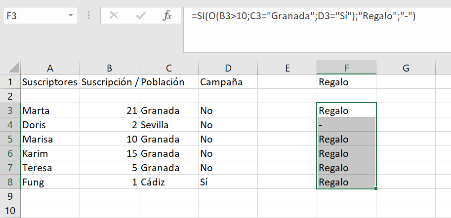 Función de Excel O en la tabla de ejemplo.