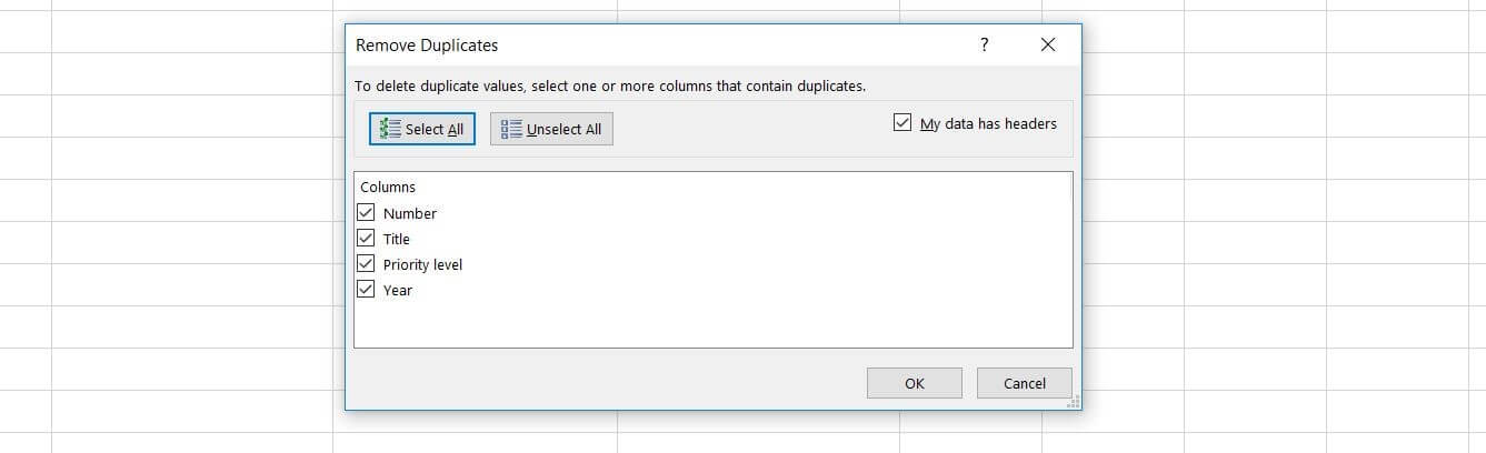 Cuadro de diálogo para eliminar duplicados en Excel