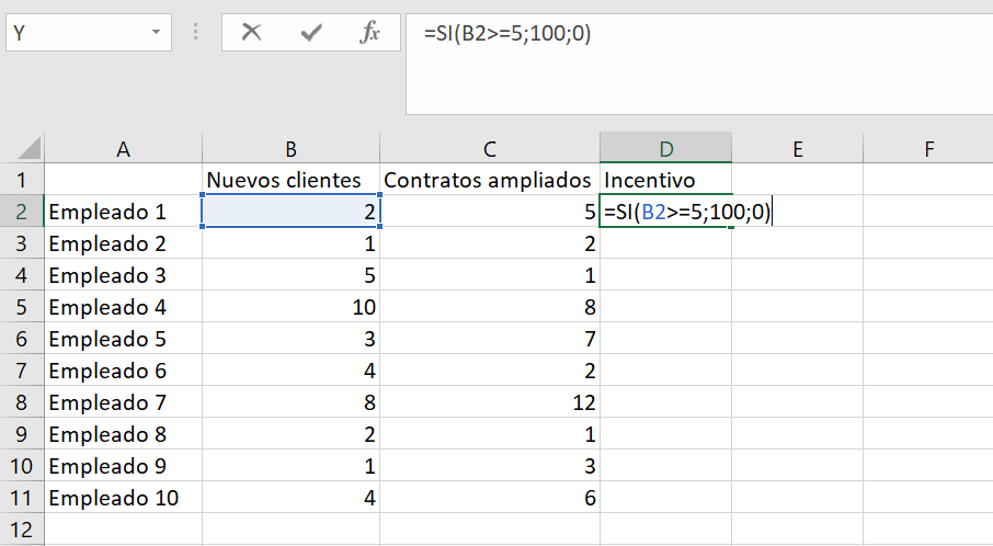 Función SI en la tabla de Excel.