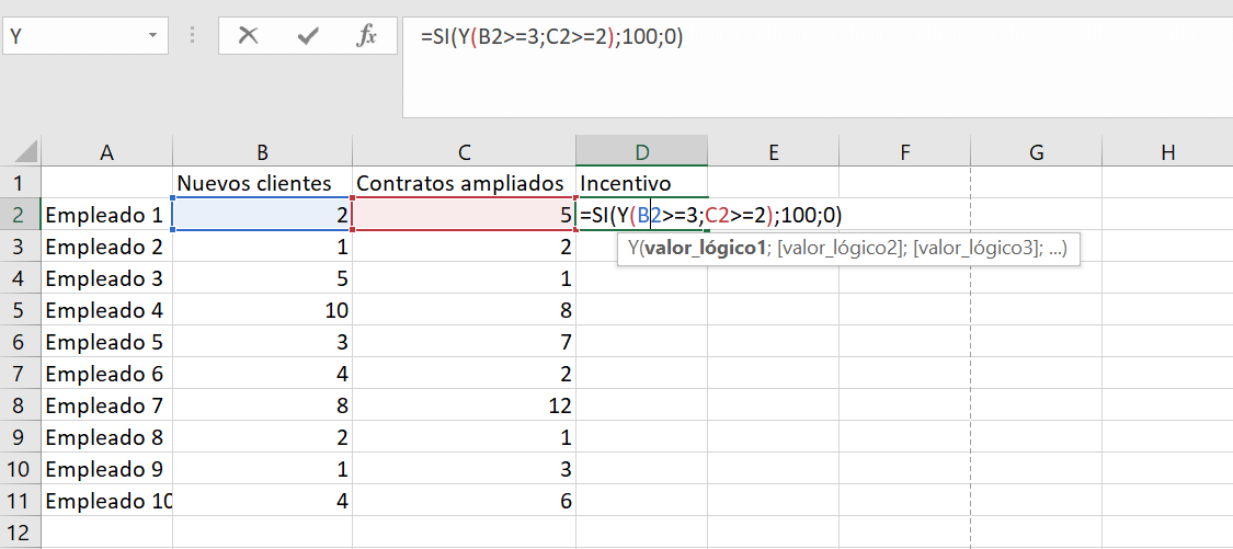 Combinación de las funciones SI e Y en Excel.