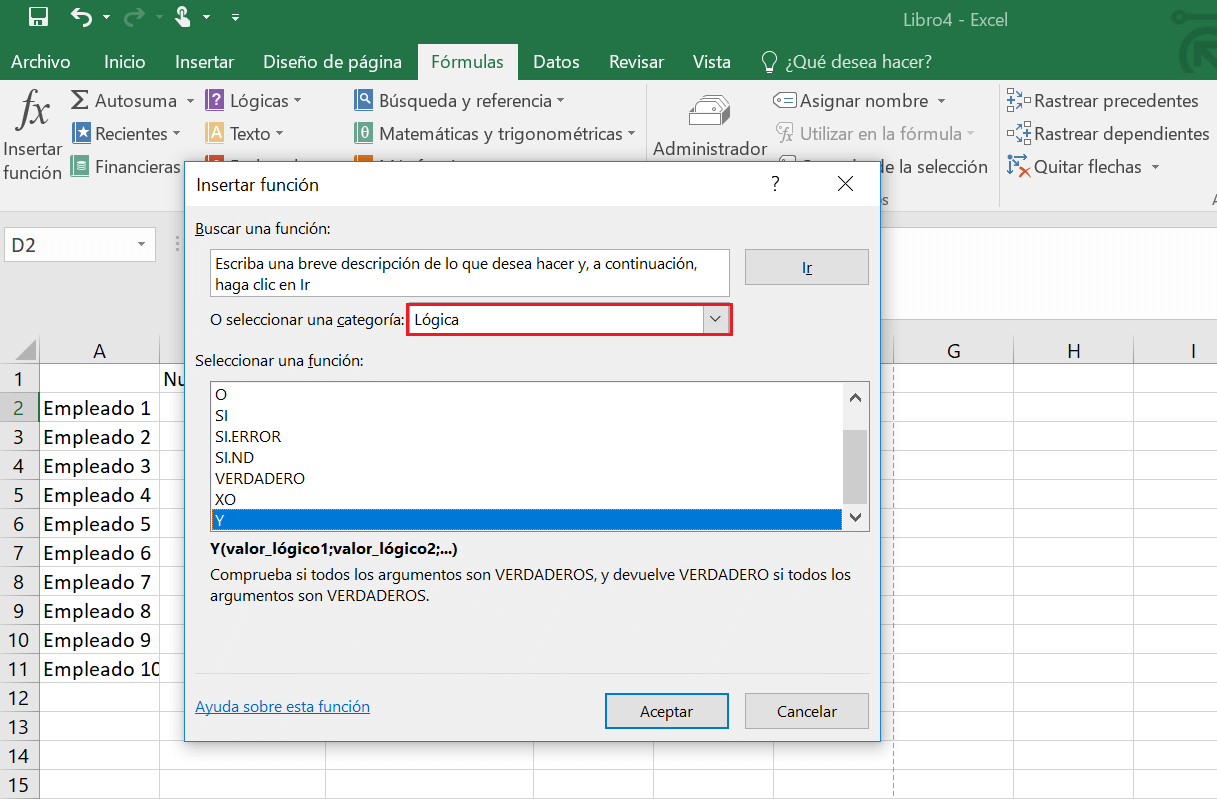 Cuadro de diálogo de “Insertar función”: función Y en Excel.