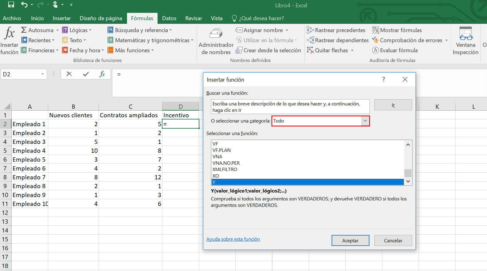 Seleccionar la función Y en Excel.
