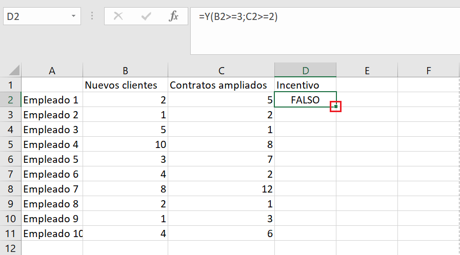Función Y en Excel: arrastrar la fórmula a varias celdas.