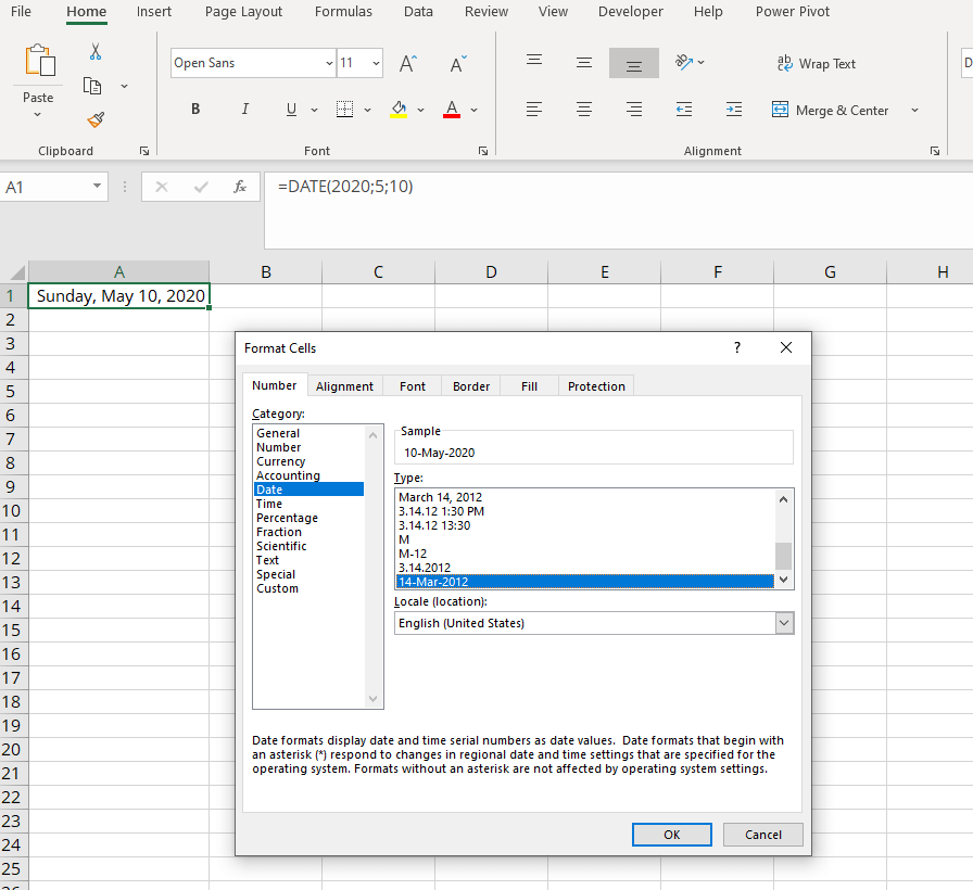 Cuadro de diálogo “Formato de celdas” en Excel.