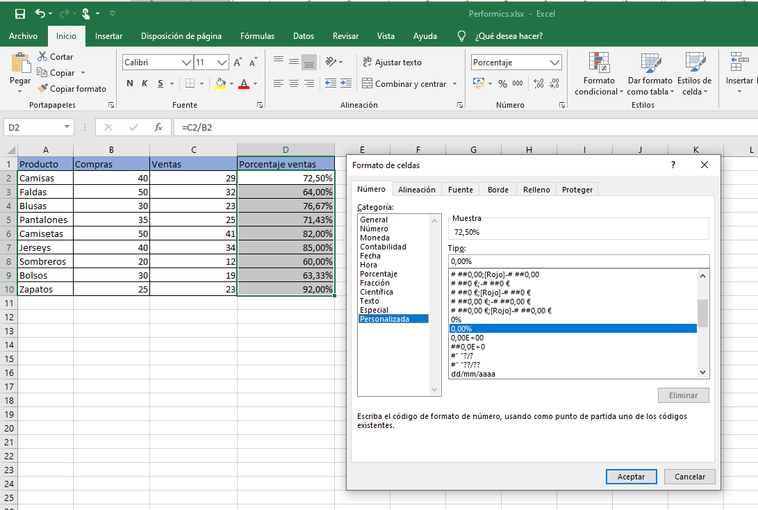 Formato de porcentaje personalizado en Excel