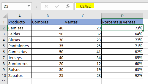 Fórmula sencilla para calcular porcentajes en Excel