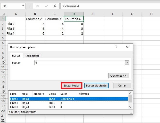 Función de buscar en Excel: vista de todos los resultados de un término de búsqueda
