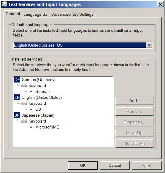 Configuración general en Servicios de texto e idiomas de entrada