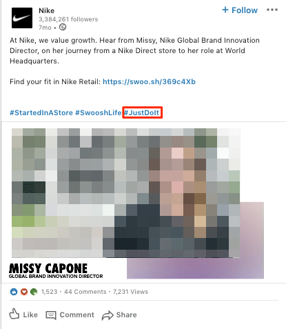 LinkedIn: “JustDoIt”, hashtag de marca de Nike.