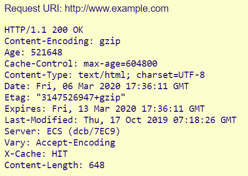 Captura de pantalla de una respuesta de cabecera HTTP