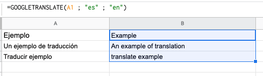 Imagen que muestra cómo aplicar la función de Google Translate a varias celdas