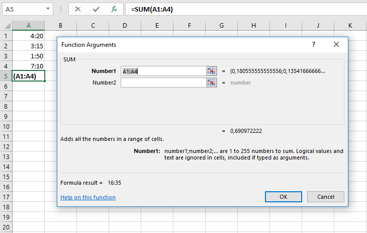 Ventana con opciones de introducción de la función SUMA para sumar horas en Excel