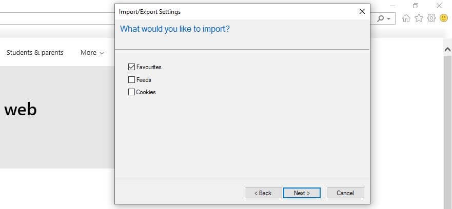 Internet Explorer 11: diálogo de importación de marcadores