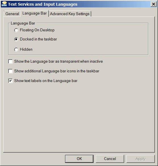 Configuración de la barra de idioma en Servicios de texto e idiomas de entrada