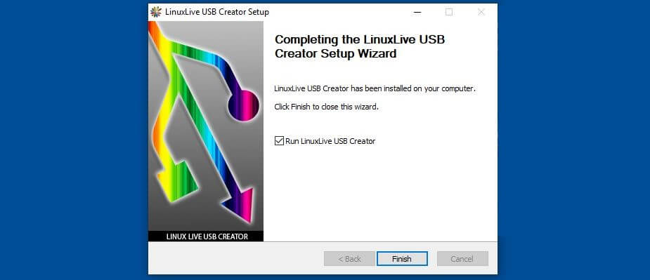Finalización de la instalación de LinuxLive USB Creator