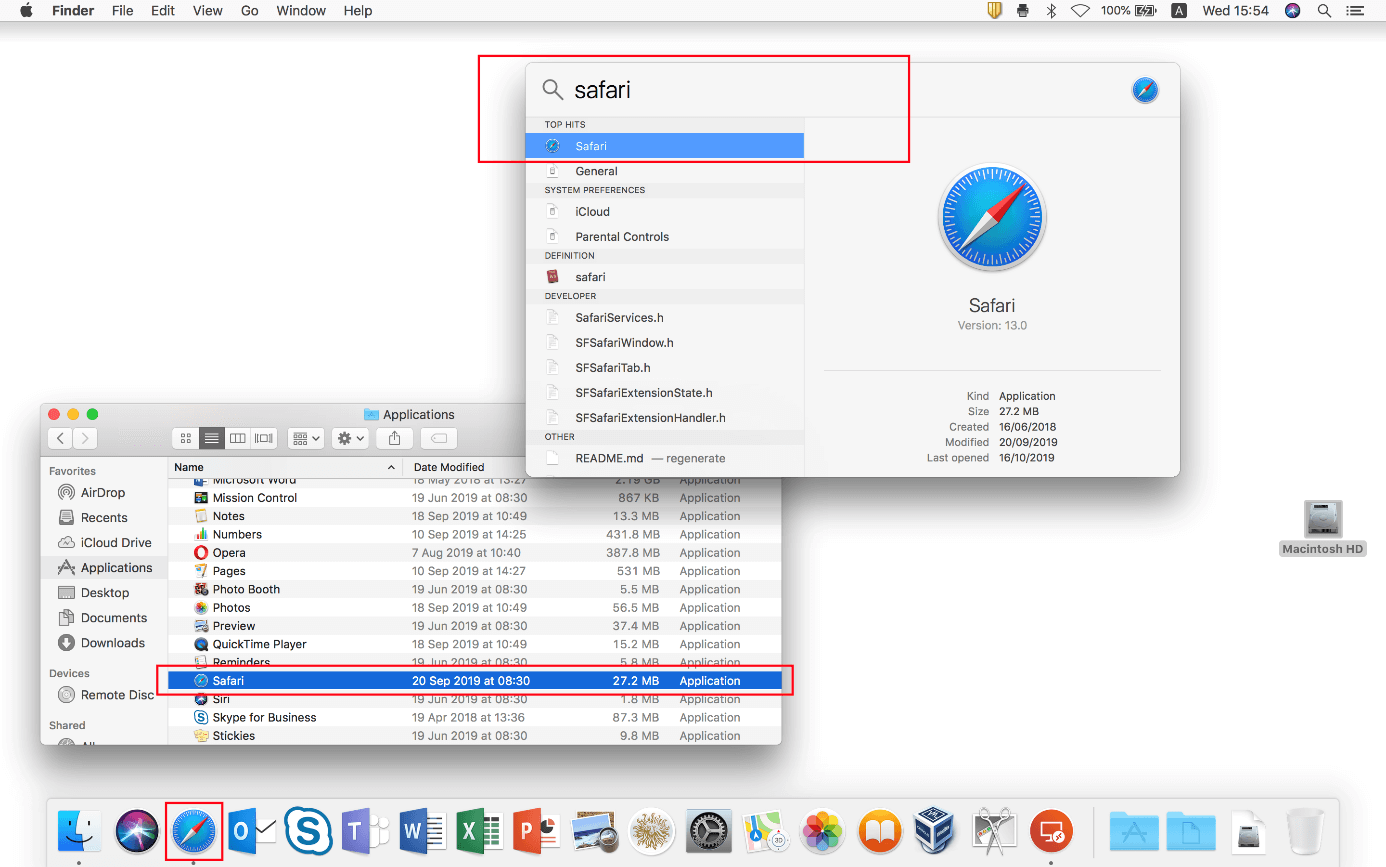 macOS: icono de Safari en la barra de menú, búsqueda Spotlight y Finder