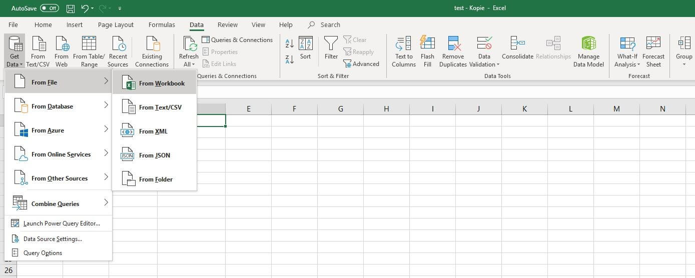 Tablas Excel: menú de importación para datos en Excel 2016