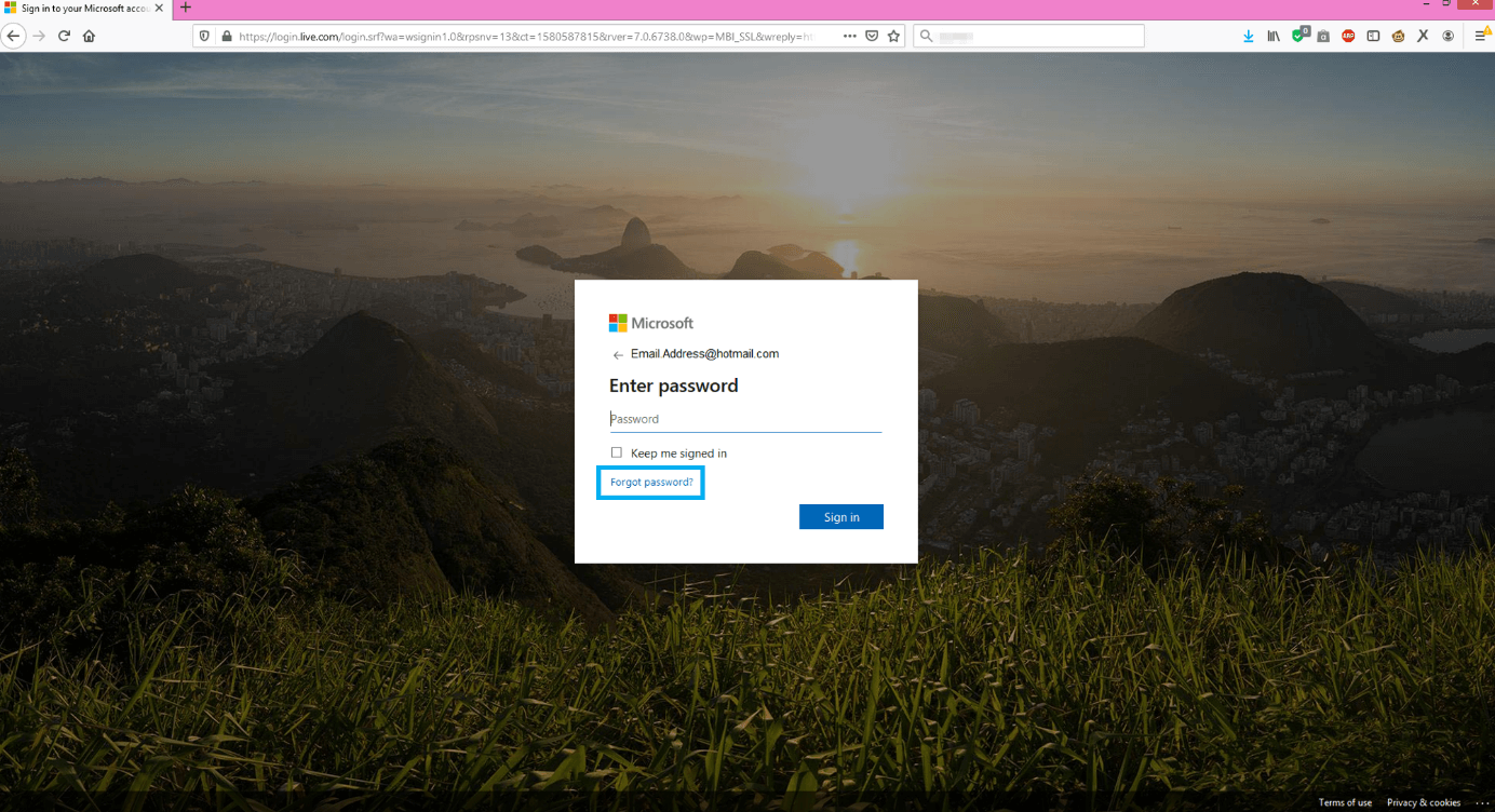 Solicitud de contraseña en la página de Microsoft